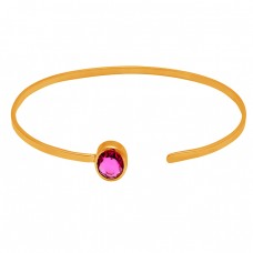 Oval Shape Pink Quartz Gemstone 925 Sterling Silver Gold Plated Bangle