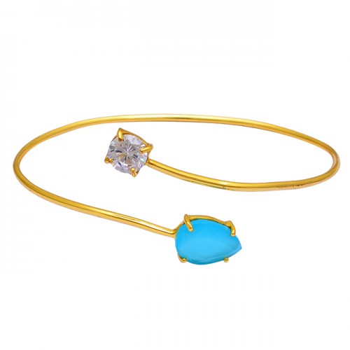 925 Sterling Silver Chalcedony Crystal Quartz Gemstone Gold Plated Bangle