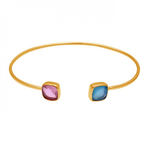 Pink Quartz Blue Chalcedony Gemstone 925 Sterling Silver Gold Plated Bangle