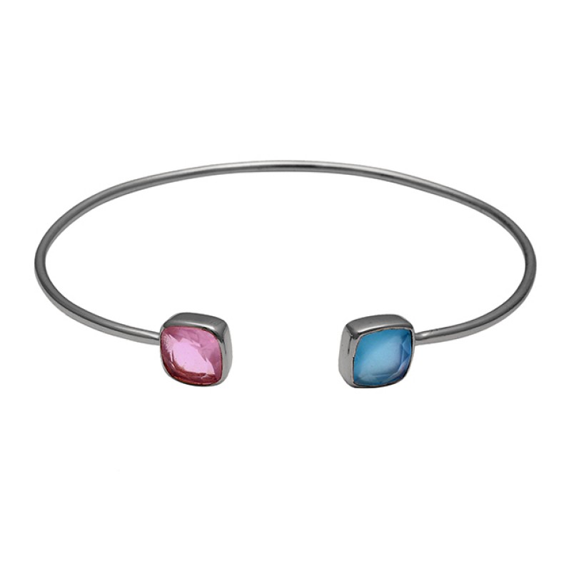 Pink Quartz Blue Chalcedony Gemstone 925 Sterling Silver Gold Plated Bangle