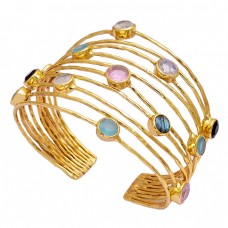 Round Shape Multi Color Gemstone 925 Silver Gold Plated Adjustable Bangle