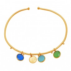 Round Shape Multi Color Gemstone 925 Sterling Silver Gold Plated Bangle 