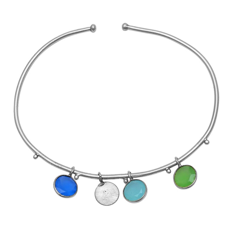 Round Shape Multi Color Gemstone 925 Sterling Silver Gold Plated Bangle 