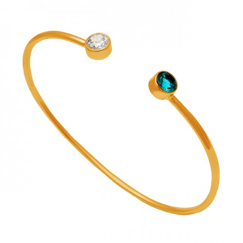 Round Shape Apatite Cz Gemstone 925 Sterling Silver Gold Plated Bangle