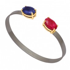 Oval Shape Blue Sapphire Ruby Gemstone 925 Silver Black Rhodium Bangle