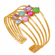 925 Sterling Silver Multi Color Gemstone Gold Plated Adjustable Bangle