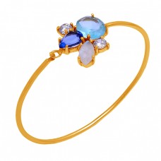 Prong Setting Multi Color Gemstone 925 Sterling Silver Gold Plated Bangle