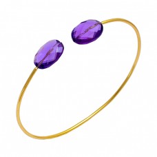 Faceted Oval Shape Amethyst Gemstone 925 Sterling Silver Gold Plated Bangle