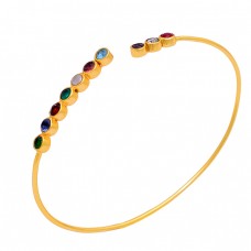 925 Sterling Silver Multi Color Round Shape Gemstone Gold Plated Bangle