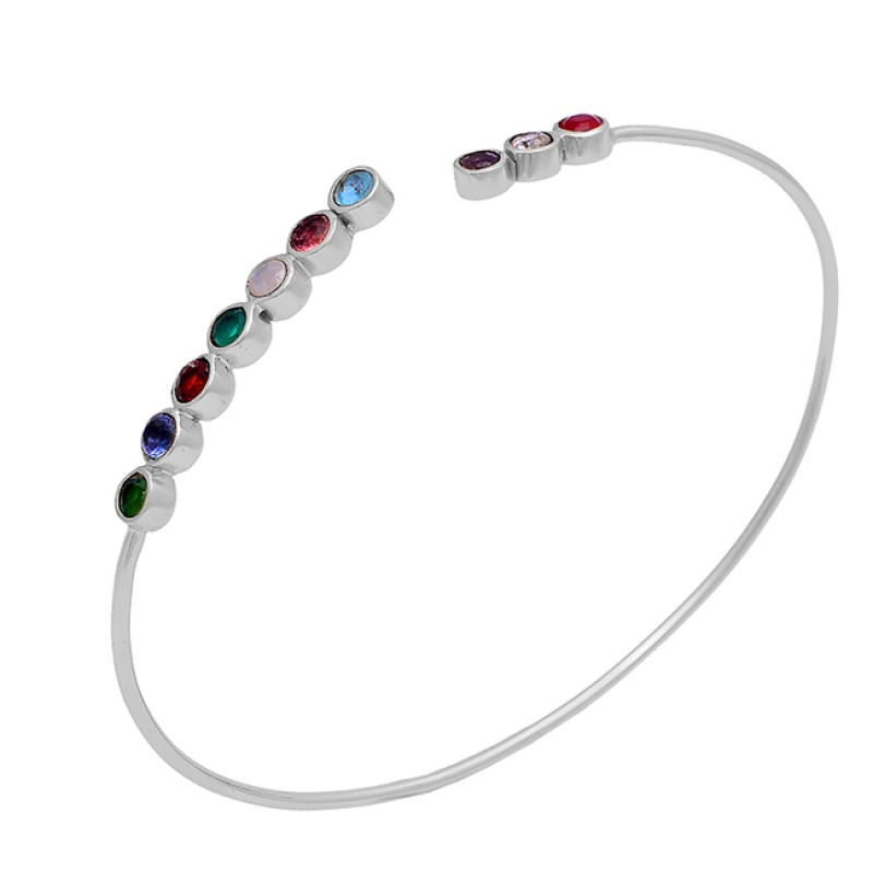 925 Sterling Silver Multi Color Round Shape Gemstone Gold Plated Bangle