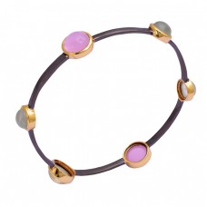 Round Shape Chalcedony Gemstone 925 Silver Black Rhodium Bangle 
