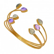 Pear Shape Chalcedony Amethyst Gemstone 925 Silver Gold Plated Bangle