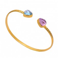 Triangle Shape Topaz Quartz Gemstone 925 Silver Gold Plated Bangle Jewelry