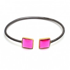 Square Shape Pink Quartz Gemstone 925 Silver Black Rhodium Bangle Jewelry