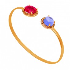 Ruby Blue Chalcedony Gemstone 925 Sterling Silver Gold Plated Bangle Jewelry