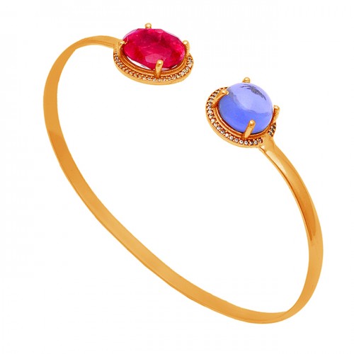 Ruby Blue Chalcedony Gemstone 925 Sterling Silver Gold Plated Bangle Jewelry