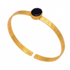 Oval Shape Black Onyx Gemstone 925 Sterling Silver Gold Plated Bangle Jewelry