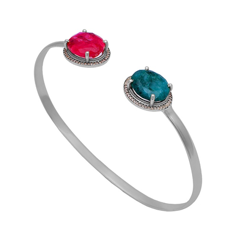 Ruby Emerald Gemstone 925 Sterling Solid Silver Gold Plated Bangle Jewelry