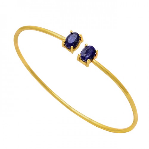 Oval Shape Blue Sapphire Gemstone 925 Sterling Silver Gold Plated Bangle 