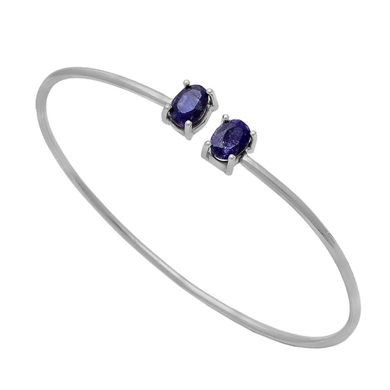 Oval Shape Blue Sapphire Gemstone 925 Sterling Silver Gold Plated Bangle 
