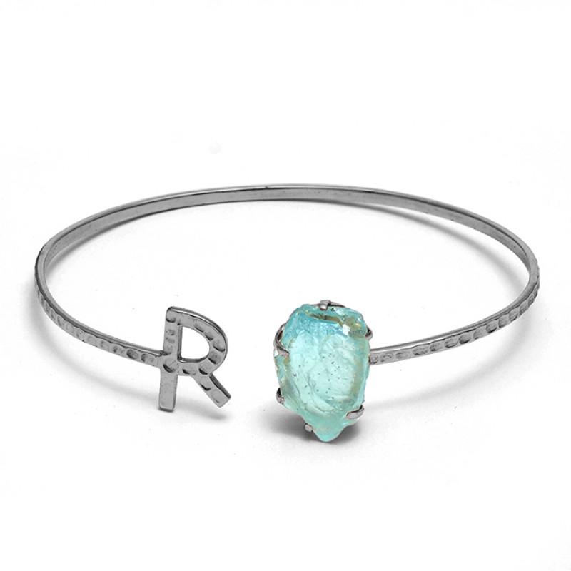 Raw Material Aquamarine Rough Gemstone 925 Silver Jewelry Bangle