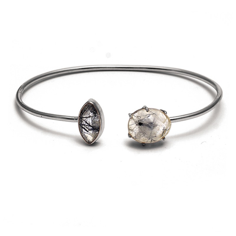 Black Rutile Quartz Gemstone 925 Sterling Silver Jewelry Bangle
