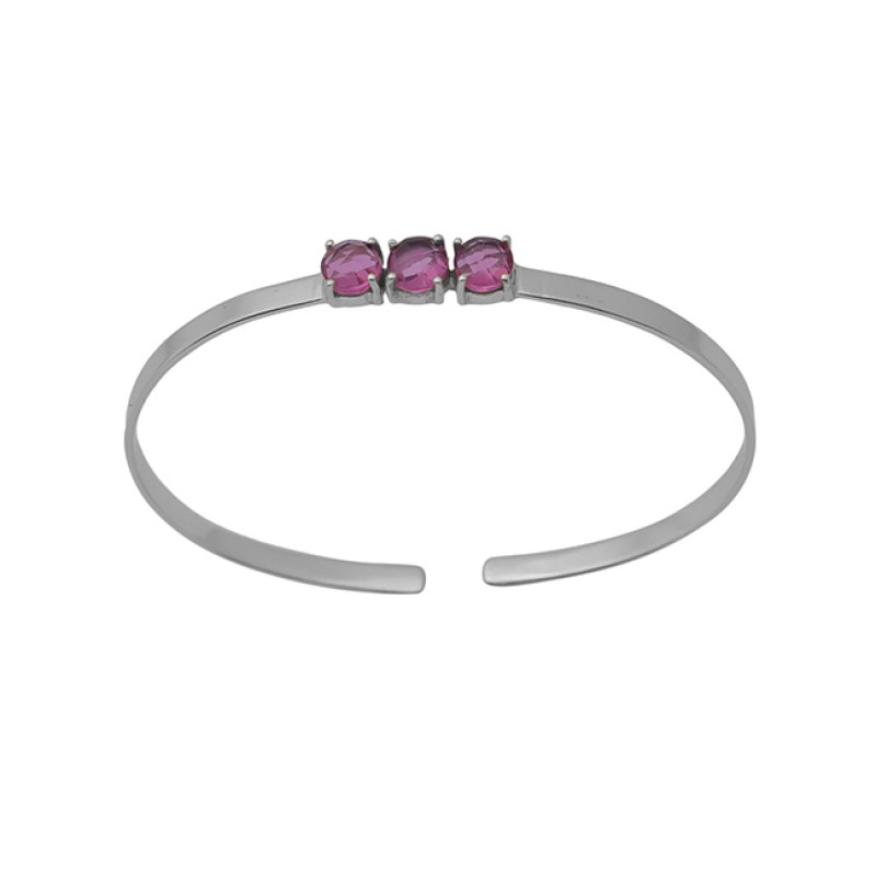 Prong Set Round Pink Quartz Gemstone 925 Sterling Silver Jewelry Bangle