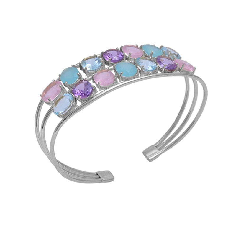 925 Sterling Silver Jewelry Multi Color Gemstone Gold Plated  Bangle