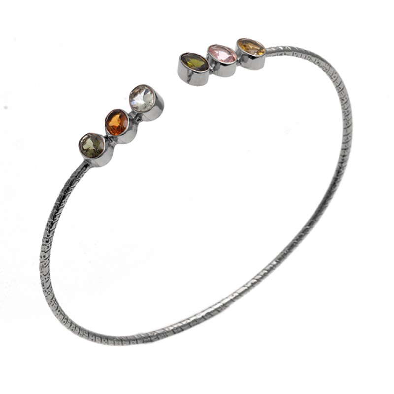 Oval Shape Multi Color Gemstone 925 Sterling Silver Jewelry Bangle