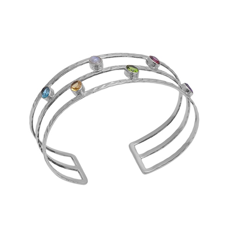 Faceted Oval Shape Multi Color Gemstone 925 Silver Gold Plated Bangle