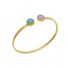 Round Shape Gemstone 925 Sterling Silver Jewelry Gold Plated Bangle