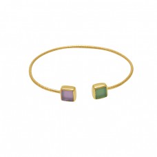 Square Shape Chalcedony Gemstone 925 Silver Jewelry Gold Plated Bangle