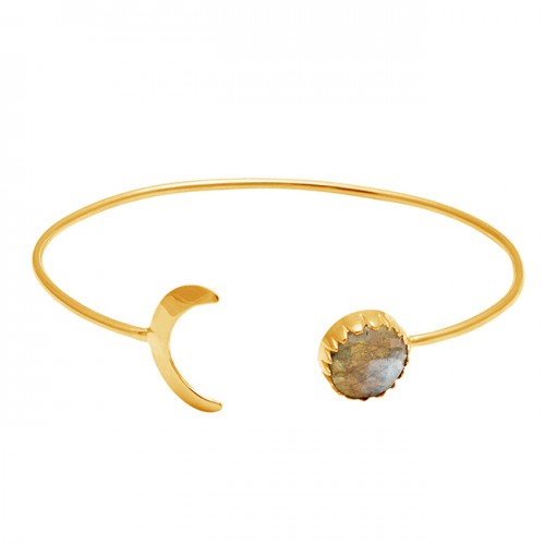 Moon Shape Designer Labradorite Gemstone 925 Sterling Silver Gold Plated Bangle Jewelry