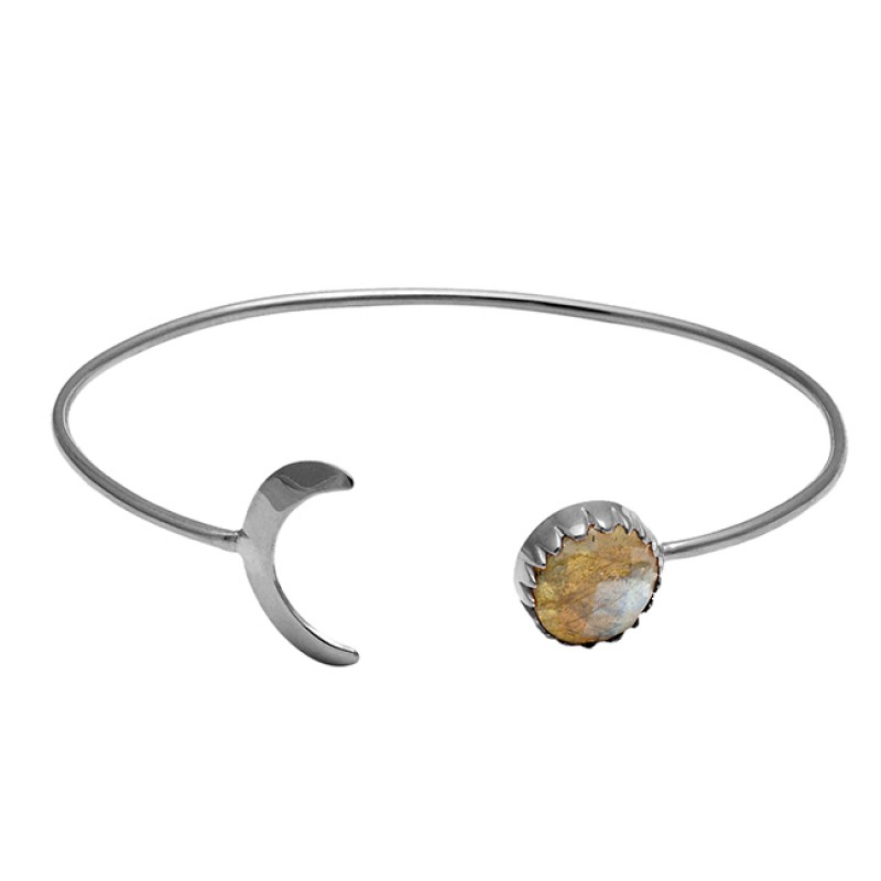 Moon Shape Designer Labradorite Gemstone 925 Sterling Silver Gold Plated Bangle Jewelry