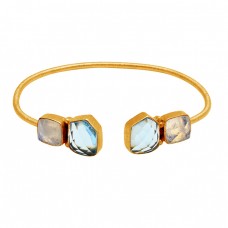 Handmade Rainbow Moonstone Blue Topaz Gemstone 925 Sterling Silver Gold Plated Bangle Jewelry