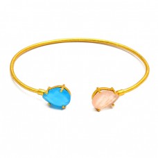 Adjustable Aqua Rose Color Chalcedony Gemstone 925 Sterling Silver Gold Plated Bangle Jewelry
