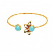 Aqua Chalcedony Blue Topaz Gemstone 925 Sterling Silver Gold Plated Adjustable Bangle Jewelry