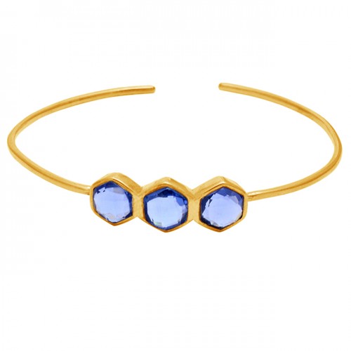 Hexagon Shape Blue Quartz Gemstone 925 Sterling Silver Gold Plated Adjustable Bangle Jewelry