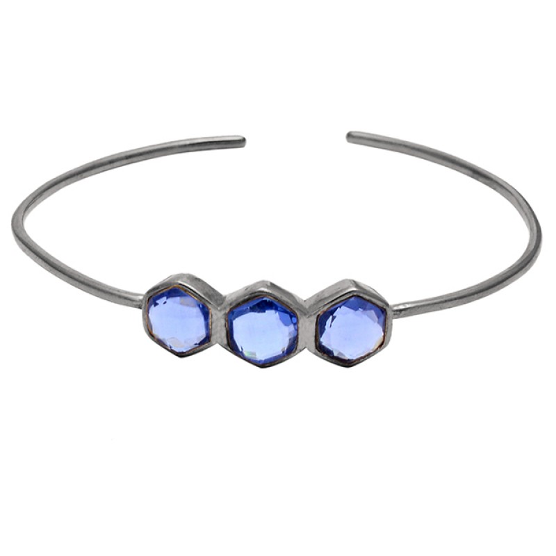 Hexagon Shape Blue Quartz Gemstone 925 Sterling Silver Gold Plated Adjustable Bangle Jewelry
