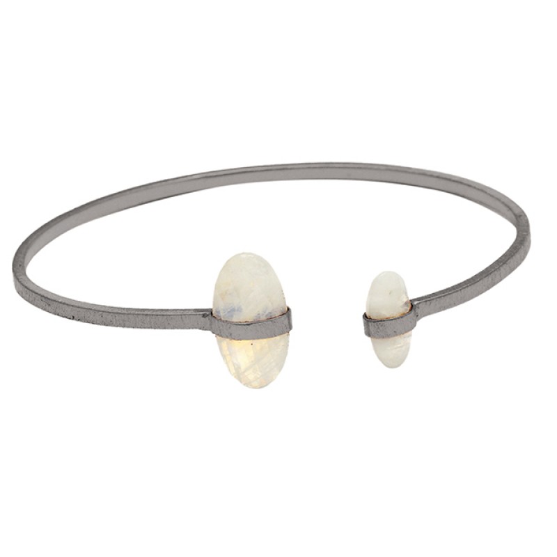 Briolette Oval Rainbow Moonstone Gemstone 925 Sterling Silver Gold Plated Bangle Jewelry