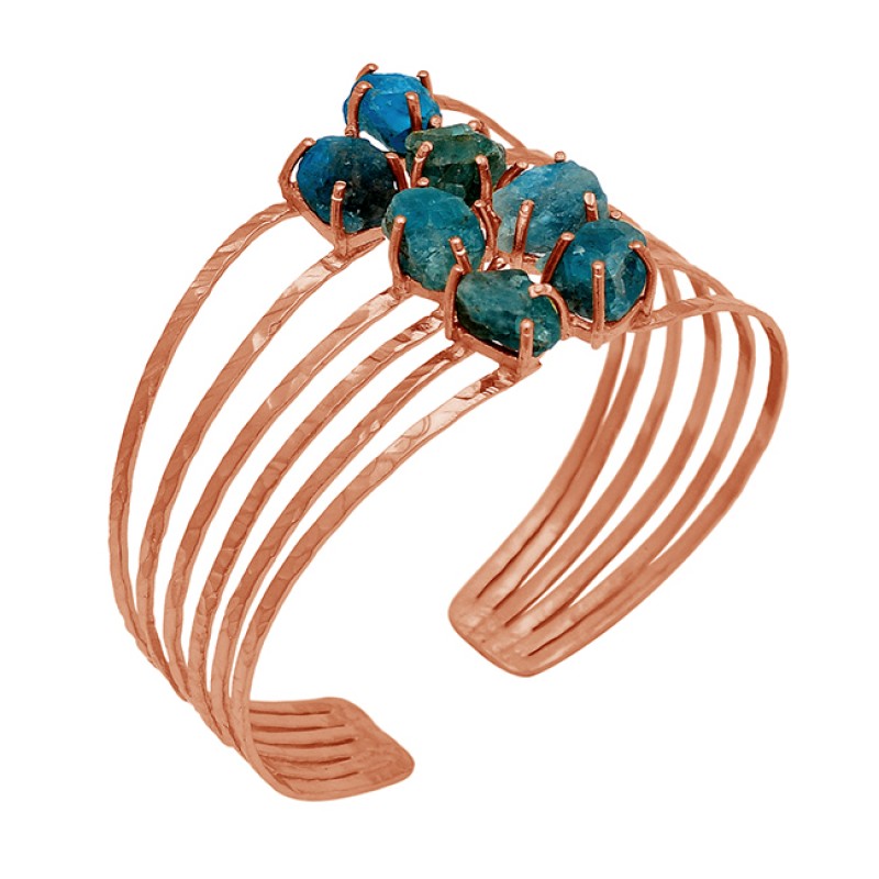 Raw Material Apatite Rough Gemstone 925 Sterling Silver Adjustable Gold Plated Bangle Jewelry