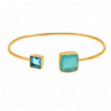 Blue Topaz Aqua Chalcedony Gemstone 925 Sterling Silver Gold Plated Bangle Jewelry