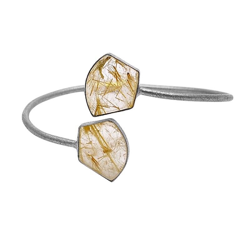 Fancy Shape Golden Rutile Quartz Gemstone 925 Sterling Silver Gold Plated Bangle Jewelry