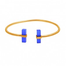 Rectangle Shape Blue Chalcedony Gemstone 925 Sterling Silver Gold Plated Bangle Jewelry