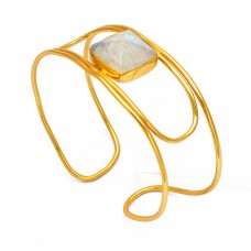 Square Shape Rainbow Moonstone 925 Sterling Silver Gold Plated Bangle Jewelry