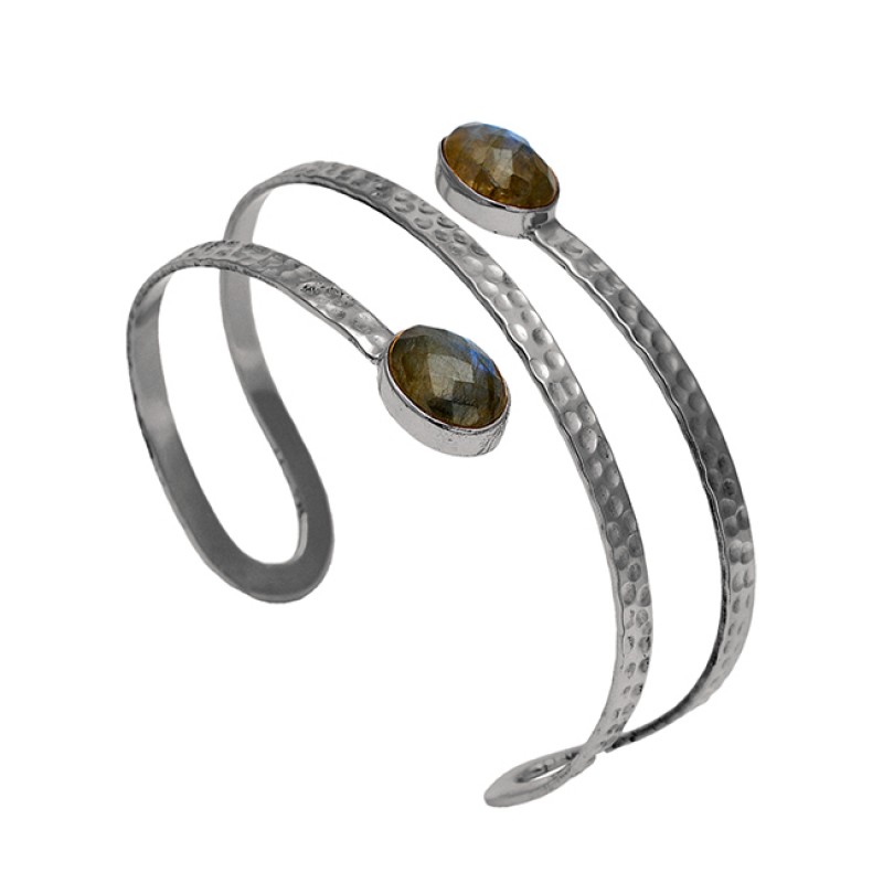 Hammered Finished Labradorite Gemstone 925 Sterling Silver Gold Plated Bangle Jewelry