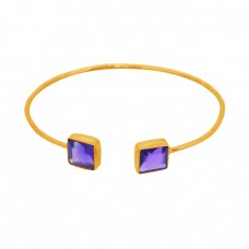 Square Shape Amethyst Gemstone 925 Sterling Silver Gold Plated Bangle Jewelry