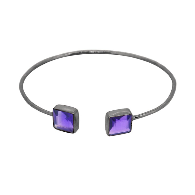 Square Shape Amethyst Gemstone 925 Sterling Silver Gold Plated Bangle Jewelry