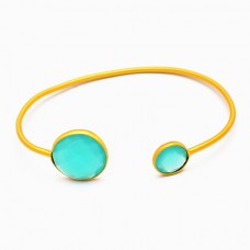 Briolette Round Aqua Chalcedony Gemstone 925 Sterling Silver Gold Plated Bangle Jewelry