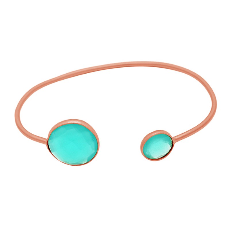 Briolette Round Aqua Chalcedony Gemstone 925 Sterling Silver Gold Plated Bangle Jewelry
